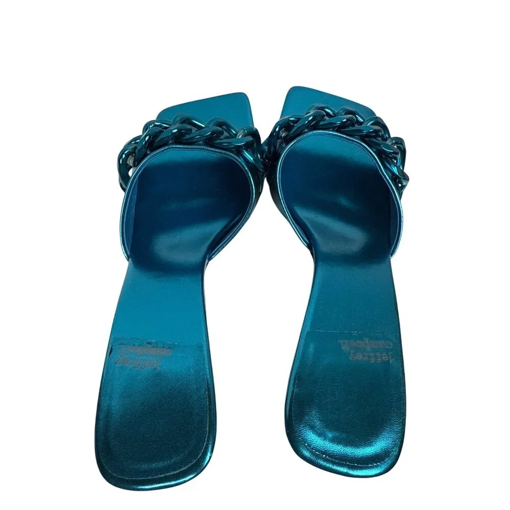 Jeffrey Campbell Mr Big Chain Slide Sandal Heel Blue Combo Size 8.5 Square Toe - Picture 6 of 10